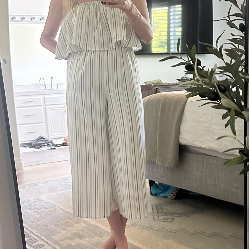 Sage strapless romper blue and white